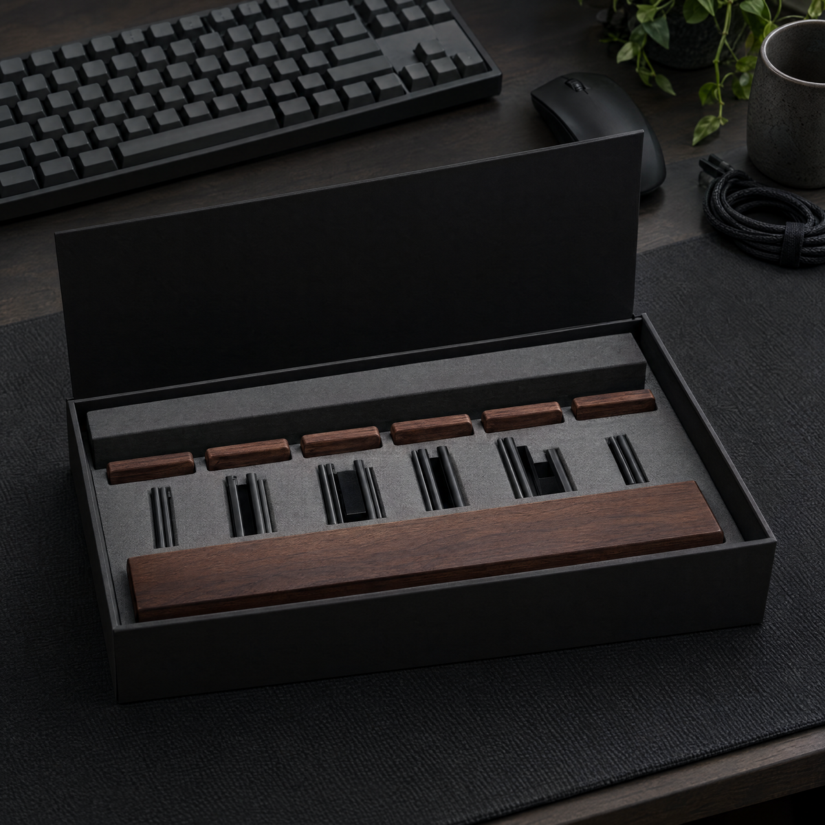Vesper arrives as a kit: walnut parts, black posts and base laid in a fitted black box