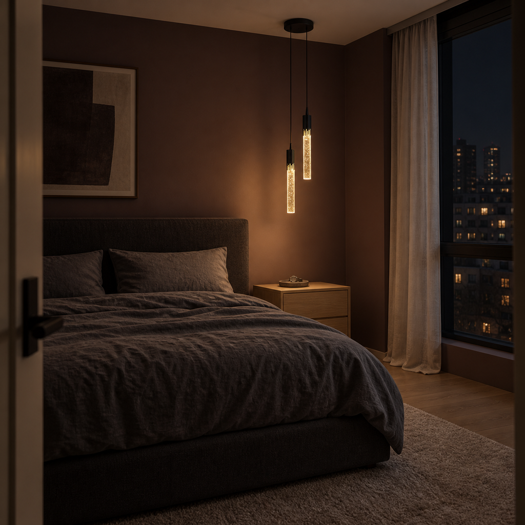 Virga twin-rod pendant hanging beside a bed over a wooden nightstand in a dark bedroom