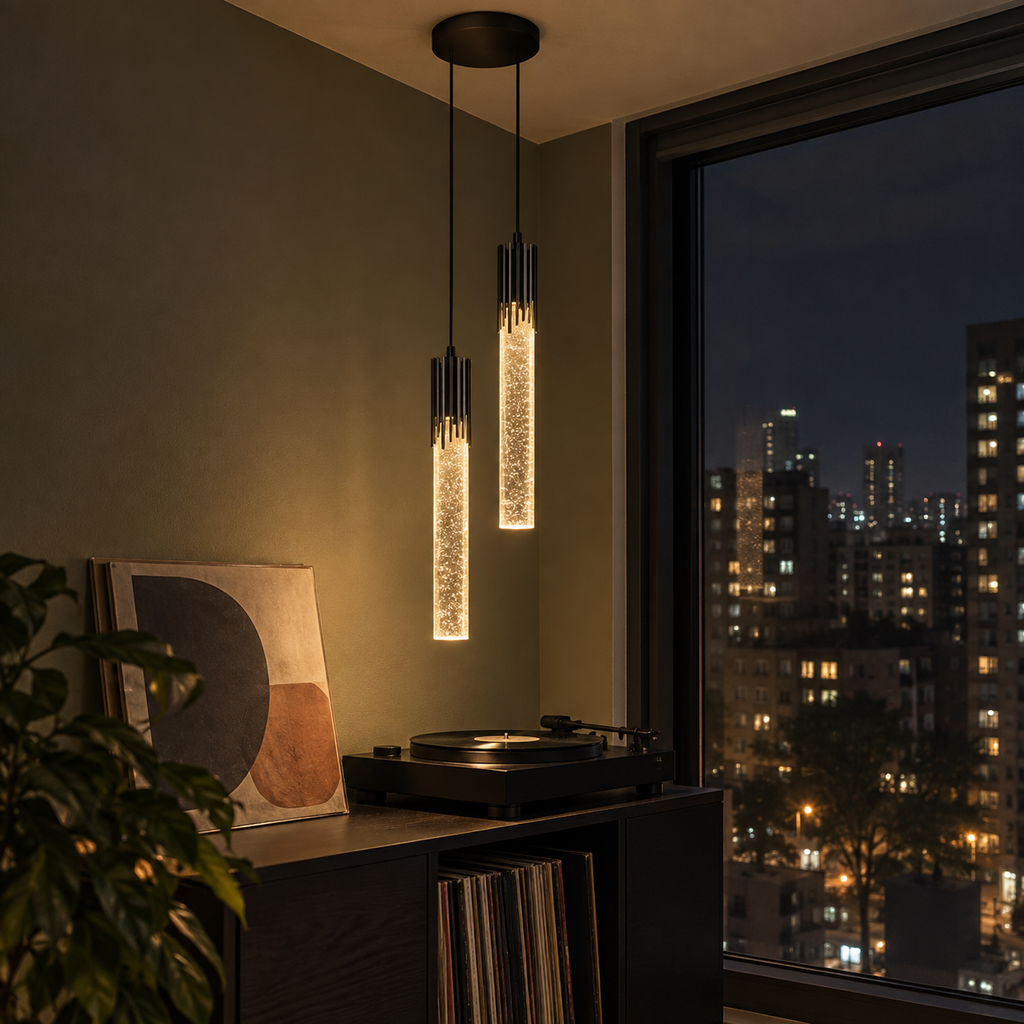 Virga twin-rod pendant with black gear caps, both rods lit warm, hanging over a record player at night