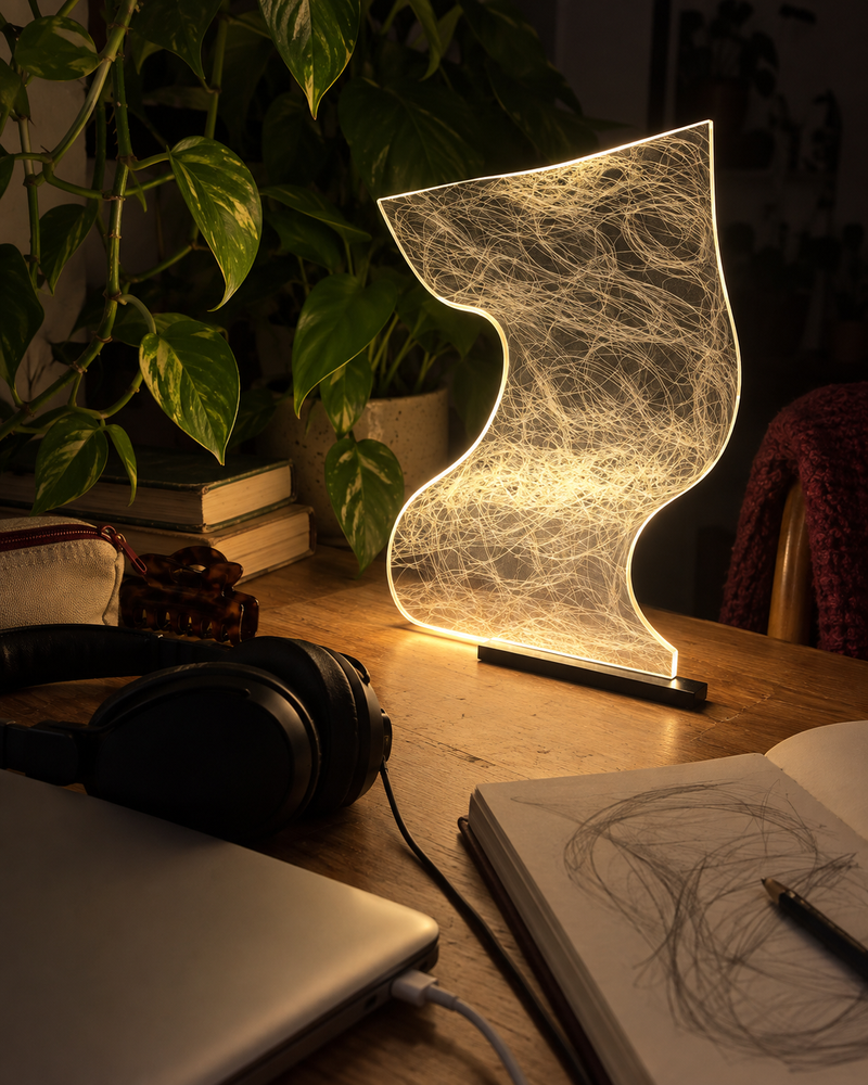 Waveform table lamp lighting a leafy desk with books and headphones