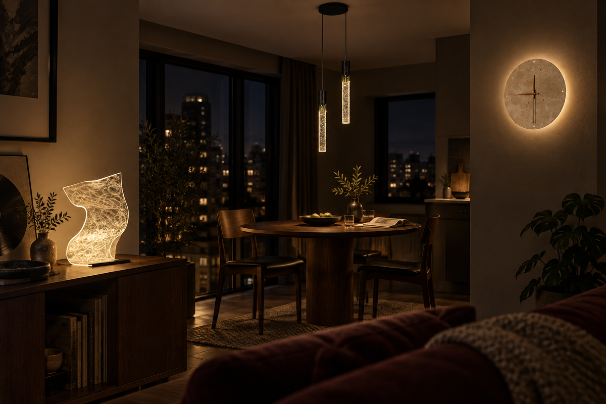 A city apartment at night with Waveform on a cabinet, Virga above the dining table and Solum on the right wall.